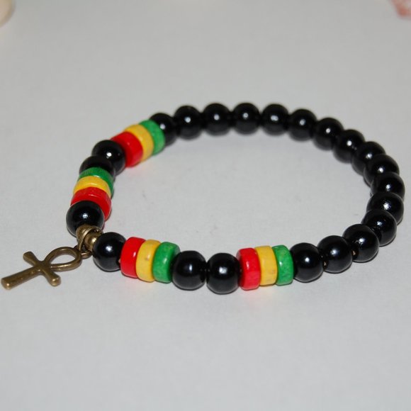 Ankh Cross Bracelet,Rasta Bracelet,Ankh Cross Rasta Bracelet,Wood Bracelet - Picture 1 of 3